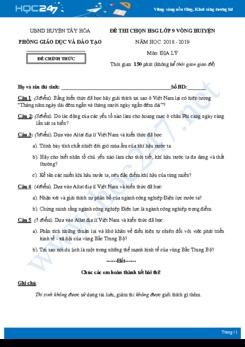 Đề thi chọn HSG môn Địa lí 9 năm 2018-2019 vòng huyện - Phòng GD&ĐT Huyện Tây Hòa có đáp án