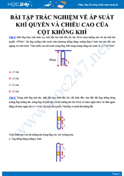 18 bài tập trắc nghiệm về áp suất khí quyển và chiều cao của cột không khí môn Vật lý 10