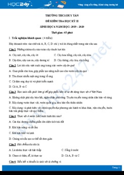 Đề kiểm tra HK2 môn Sinh học 6 năm 2019-2020 - Trường THCS Duy Tân có đáp án
