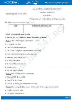 Đề kiểm tra chất lượng HK2 môn Sinh học 7 năm 2019-2020 - Trường THCS Trung Sơn có đáp án