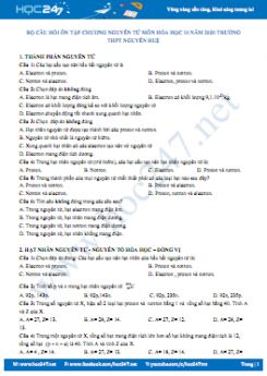 Bộ câu hỏi ôn tập Chương Nguyên Tử môn Hóa học 10 năm 2020 Trường THPT Nguyễn Huệ