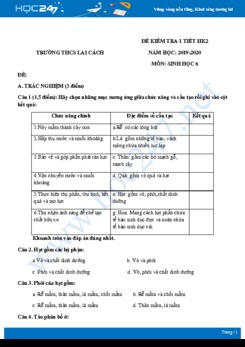 Đề kiểm tra 1 tiết HK2 môn Sinh học 6 năm 2019-2020 - Trường THCS Lai Cách có đáp án