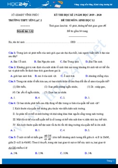 Đề thi HK2 môn Sinh học 12 năm 2019-2020 - Trường THPT Yên Lạc 2 có đáp án