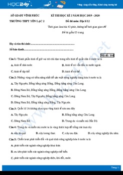 Đề thi HK2 môn Địa lí 12 năm 2019-2020 - Trường THPT Yên Lạc 2 có đáp án