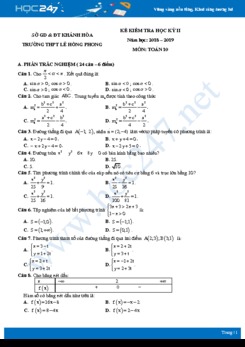 Đề kiểm tra HK2 môn Toán lớp 10 năm 2019 trường THPT Lê Hồng Phong có đáp án