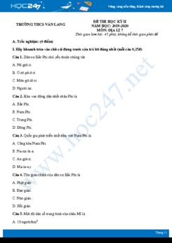 Đề thi HK2 môn Địa lí 7 năm 2019-2020 - Trường THCS Văn Lang có đáp án
