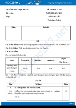 Đề kiểm tra HK2 môn Địa lí 7 năm 2019-2020 - Trường THCS Bạch Đằng có đáp án