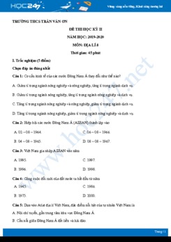 Đề thi HK2 môn Địa lí 8 năm 2019-2020 - Trường THCS Trần Văn Ơn có đáp án