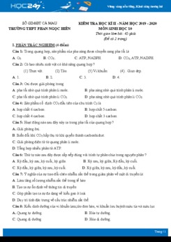 Đề kiểm tra HK2 môn Sinh học 10 năm 2019-2020 - Trường THPT Phan Ngọc Hiển có đáp án