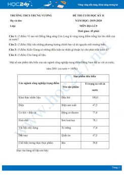 Đề thi cuối HK2 môn Địa lí 9 năm 2019-2020 - Trường THCS Trưng Vương có đáp án