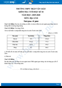 Đề kiểm tra cuối HK2 môn Địa lí 10 năm 2019-2020 - Trường THPT Trần Văn Giàu có đáp án