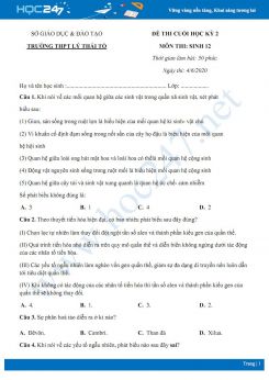 Đề thi cuối HK2 môn Sinh học 12 năm 2020 - Trường THPT Lý Thái Tổ có đáp án