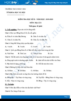 Đề kiểm tra HK2 môn Địa lí 8 năm 2020 - Trường THCS Phúc Chu có đáp án