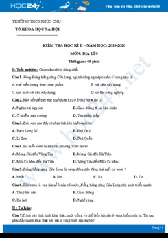 Đề kiểm tra HK2 môn Địa lí 9 năm 2020 - Trường THCS Phúc Chu có đáp án