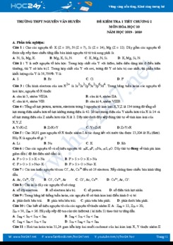Đề kiểm tra 1 tiết môn Hóa học 10 Trường THPT Nguyễn Văn Huyên