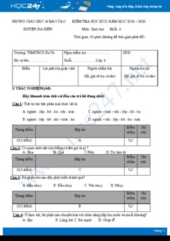 Đề thi HK2 môn Sinh học 6 năm 2020 - Trường THCS Ba Tơ có đáp án