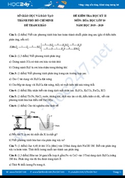 Đề thi HK2 năm 2020 môn Hóa học 10 Sở GD&ĐT Hồ Chí Minh
