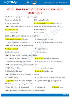 37 Câu hỏi trắc nghiệm ôn thi HK2 môn Sinh học 9 có đáp án