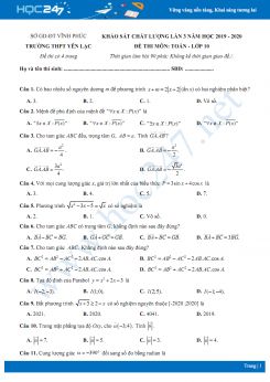 Đề thi KSCL lần 3 môn Toán lớp 10 năm 2020 trường THPT Yên Lạc có đáp án