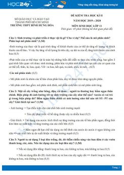 Đề kiểm tra HK2 môn Sinh học 11 năm 2020 - Trường THPT Bình Hưng Hòa có đáp án