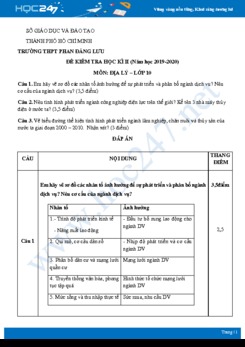 Đề kiểm tra HK2 môn Địa lí 10 năm 2020 - Trường THPT Phan Đăng Lưu có đáp án