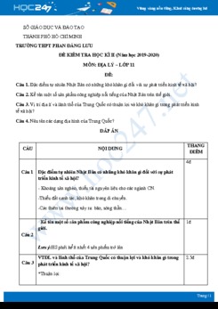 Đề kiểm tra HK2 môn Địa lí 11 năm 2020 - Trường THPT Phan Đăng Lưu có đáp án