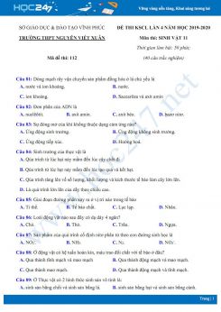 Đề thi KSCL môn Sinh học 11 năm 2020 - Trường THPT Nguyễn Viết Xuân lần 4 có đáp án