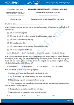 Đề KSCL môn Sinh học 10 năm 2020 - Trường THPT Yên Lạc lần 3 có đáp án