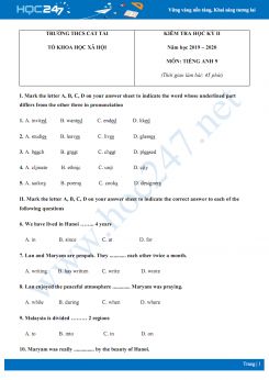Đề thi HK2 môn Tiếng Anh 9 năm 2020 có đáp án trường THCS Cát Tài