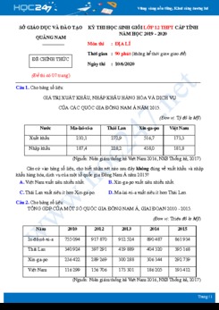 Đề thi HSG môn Địa lí lớp 12 năm 2019-2020 - Sở GD&ĐT Quảng Nam cấp tỉnh có đáp án