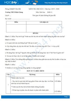 Đề thi HK2 môn Sinh Học 6 năm 2020 - Trường THCS Bình Giang có đáp án