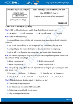 Đề kiểm tra HK2 môn Sinh học 10 năm 2020 - Sở GD&ĐT Quảng Nam có đáp án