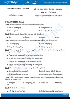Đề thi HK2 môn Địa lí 10 năm 2020 - Trường THPT Trần Suyền có đáp án