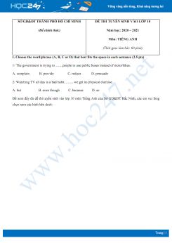 Đề tuyển sinh vào lớp 10 năm 2020 môn Tiếng Anh Sở GD&ĐT Thành phố Hồ Chí Minh