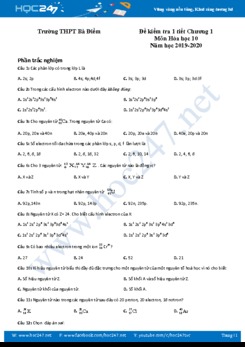 Đề kiểm tra 1 tiết Chương 1 môn Hóa học 10 năm 2020 Trường THPT Bà Điểm