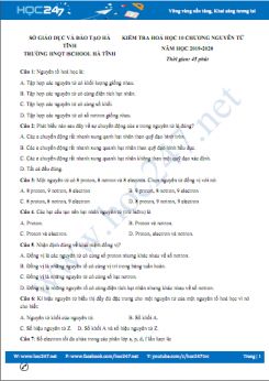 Đề kiểm tra 1 tiết Chương Nguyên Tử môn Hóa học 10 năm 2020 - 2021 Trường HNQT Ischool Hà Tĩnh