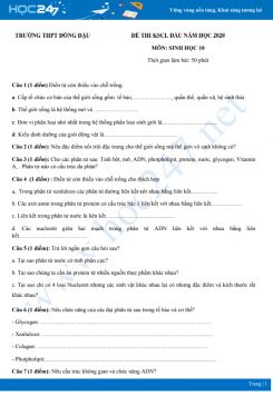 Đề thi KSCL đầu năm môn Sinh học 10 năm 2020 - Trường THPT Đồng Đậu có đáp án