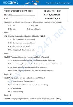 Đề kiểm tra Chương III Sinh học 9 năm 2020 - Trường THCS Lương Tấn Thịnh có đáp án