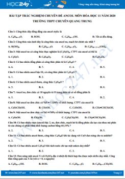 Bài tập trắc nghiệm chuyên đề Ancol môn Hóa học 11 năm 2020 Trường THPT Chuyên Quang Trung