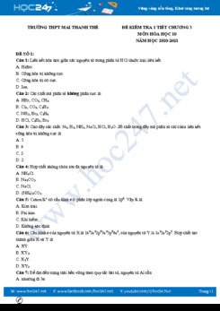 Bộ đề kiểm tra 1 tiết Chương 3 môn Hóa học 10 năm 2020 có đáp án Trường THPT Mai Thanh Thế
