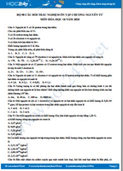 Bộ 90 câu trắc nghiệm ôn tập chương Nguyên Tử môn Hóa học 10 năm 2020