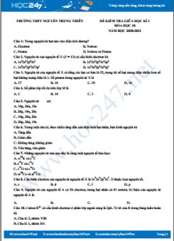 Đề kiểm tra giữa HK1 môn Hóa học 10 có đáp án năm 2020 Trường THPT Nguyễn Trung Thiên