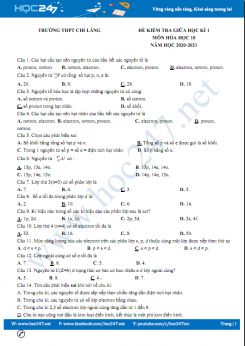 Đề kiểm tra giữa HK1 môn Hóa học 10 năm 2020 có đáp án Trường THPT Chi Lăng