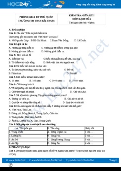 Đề kiểm tra giữa HK1 môn Lịch sử 6 có đáp án năm 2020 Trường THCS Bãi Thơm