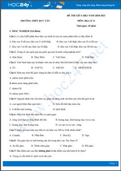 Đề thi giữa HK1 môn Địa lí 11 năm 2020 - Trường THPT Duy Tân có đáp án