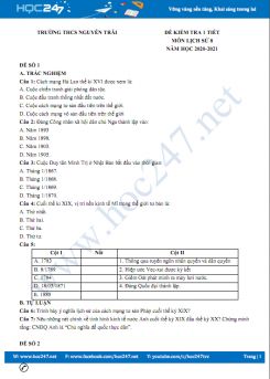 Bộ đề kiểm tra 1 tiết giữa HK1 môn Lịch sử 8 năm 2020 Trường THCS Nguyễn Trãi