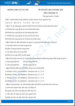 Đề thi giữa HK1 môn Sinh học 10 năm 2020 - Trường THPT Lê Văn Tám có đáp án