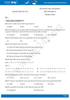 4 Đề thi giữa HK1 môn Sinh học 10 năm 2020 - Trường THPT Duy Tân có đáp án