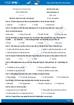 Đề thi giữa HK1 môn Sinh học 10 năm 2020 - Trường THPT Nguyễn Chí Thanh có đáp án