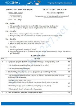 Đề thi giữa HK1 môn Địa lí 10 năm 2020 - Trường THPT Trần Bình Trọng có đáp án